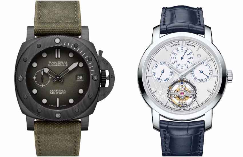 (左)PANERAI Submersible Marina Militare 44毫米碳纖維潛水錶;(右)【限量127枚】Vacheron Constantin Traditionnelle 陀飛輪萬年曆腕錶(圖片:台北101)