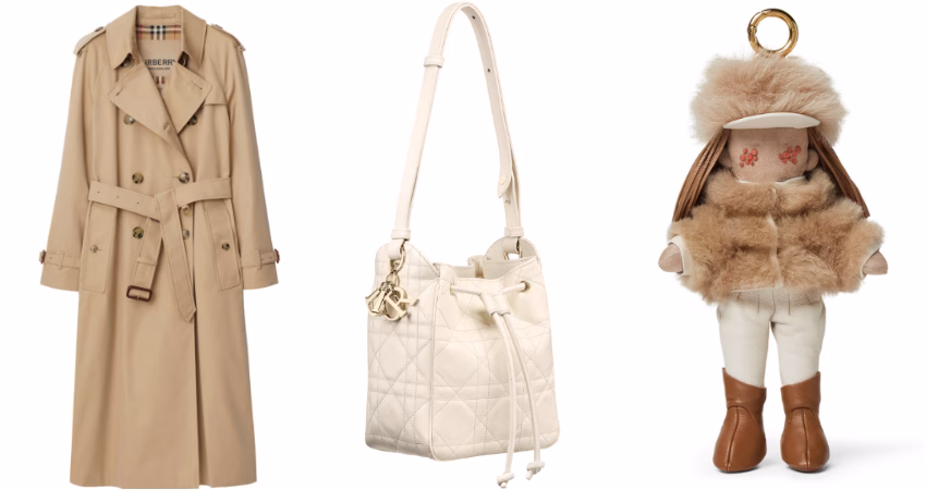 (左)Burberry - 蜜金色長版Waterloo Heritage系列風衣;(中)Dior - D-Motion拿鐵白小牛皮Macrocannage大型籐格紋包款小型款;(右)FENDI - BFF 設計娃娃吊飾(圖片:台北101)