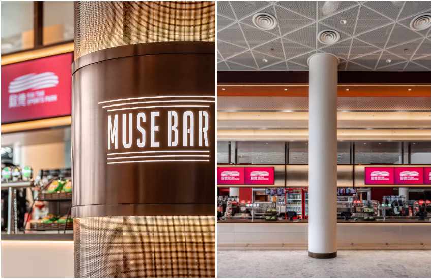 五樓的 「Muse Bar」 和 「Sports Bar」 分別位於東、西兩面。兩間運動酒吧皆設雙面吧台,各毗連兩個餐飲區,整體設計以銀牌的冷冽光芒為主調,將機場抵達大堂的行李輸送帶意象昇華為空間敘事語言——層疊式天花以流線型銀色鋁板重建輸送帶的機械美學。