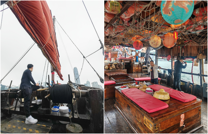 (左圖)船頭處可細看起帆和絞索;(右圖)船上解說漁民日常生活用具