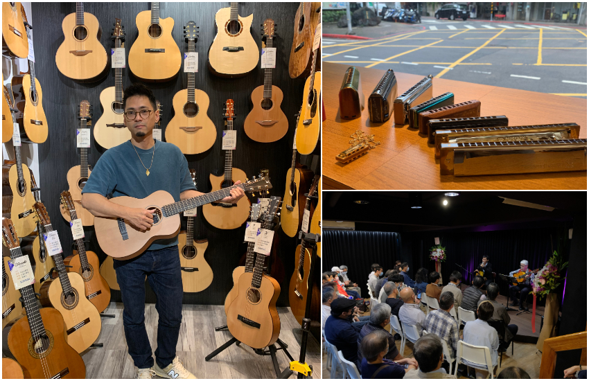 (左圖)莊敦博為「他,在旅行」與黃石樂器的負責人,致力於改善台灣的永續音樂環境;(右上圖)店內展售的口琴五花八門,甚至還有項鍊大小的口琴禮品