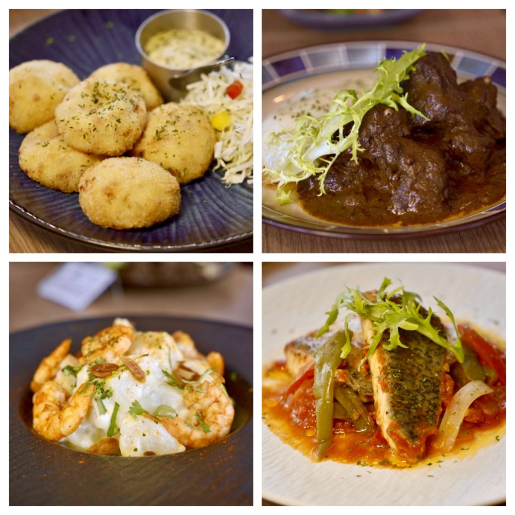 西班牙式白醬火腿可樂餅,南方式燉牛臉頰肉佐馬鈴薯泥,驢夫風味蒜片鮮蝦馬鈴薯,卡迪斯燉魚