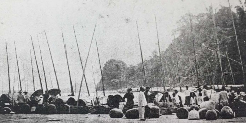 昔日大溪溪邊等待運送的茶菁