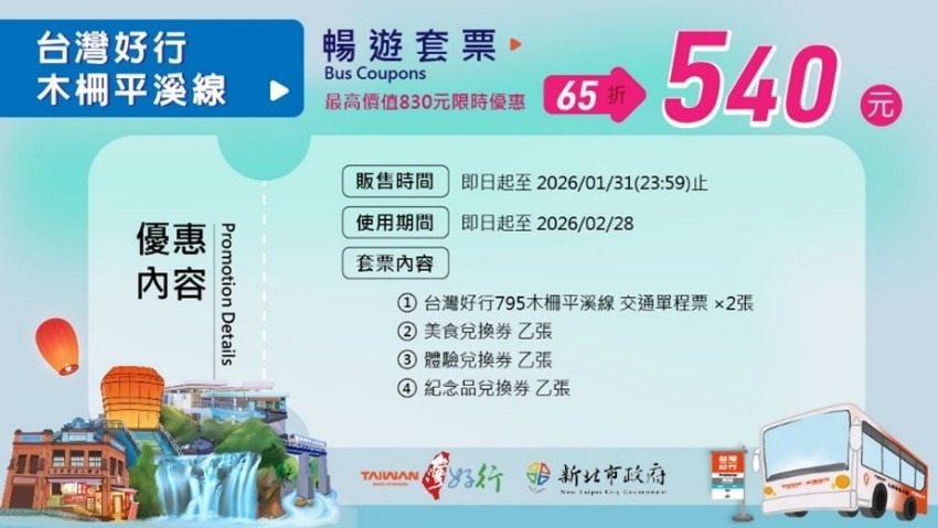 「台灣好行木柵平溪線暢遊套票」,優惠價540元,優惠折扣近6折。內含雙程車票、美食、