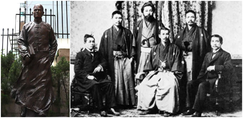 (左圖)樹立在香港孫中山紀念館庭院的孫中山青年時期雕像;(右圖)孫中山與日本友人合影,後排左3為宮崎滔天