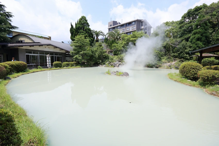 白池地獄：帶有庭園風格的優雅環境，溫泉水在流入池中會由無色透明轉變為青白色，一旁的熱帶魚館，展示利用溫泉水飼養的熱帶魚。