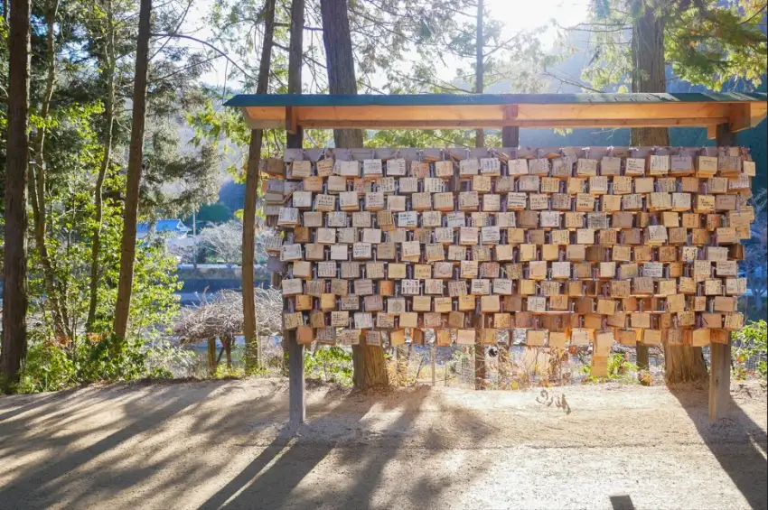 境內的繪馬架上掛滿祈求事業有成、飛黃騰達等各種願望的繪馬