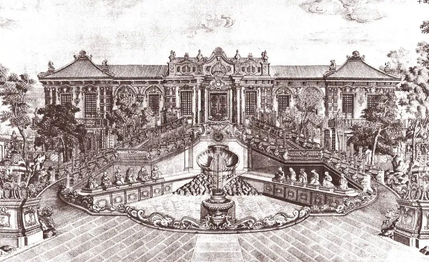 圖為乾隆時期所繪之銅版畫，還原圓明園的西洋樓海晏堂，擁有十二獸首的大水法（噴泉）與建築，皆顯現中西合併的美學