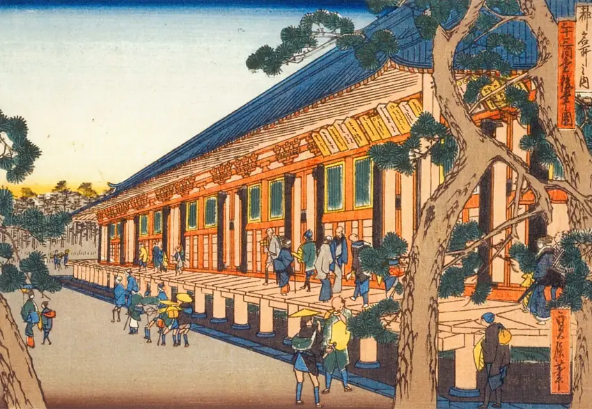 長谷川貞信的日本版畫《三十三間堂背影圖》，呈現當年華麗面貌。