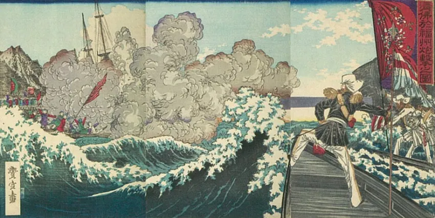 《清佛於福州炮擊之圖》，浮世繪，明治17年(1884)，歌川豊宣作以浮世繪繪法所記錄下的馬江海戰，浪濤與煙硝氣勢更為驚人。(收藏家潘思源提供) 