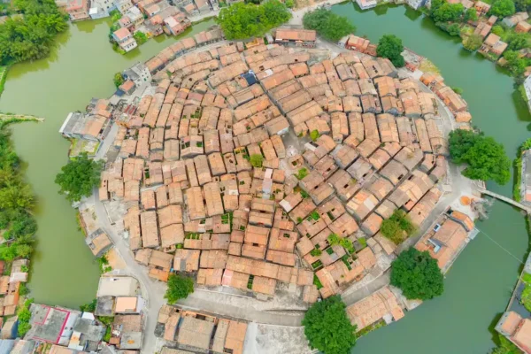 從空中俯瞰高要黎槎村、狀如八卦，令人驚豔