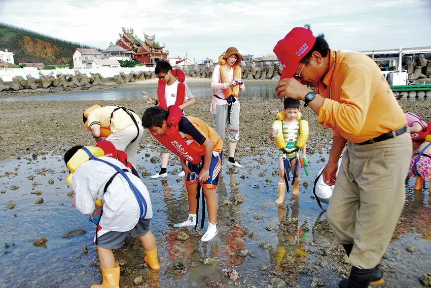 解說人員帶領遊客在潮間帶觀察生態